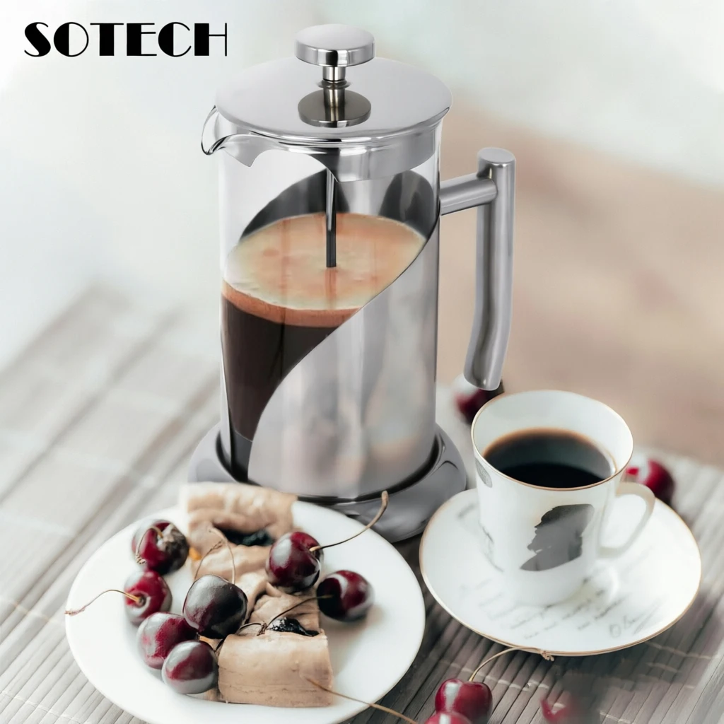 SOTECH Stainless Steel French Press Coffee Maker, Borosilicate Glass Coffee Press with 4 Layer Filter Screen, Lead-Free BPA Free Tea Coffee Brewer Pot for Home Office Camping