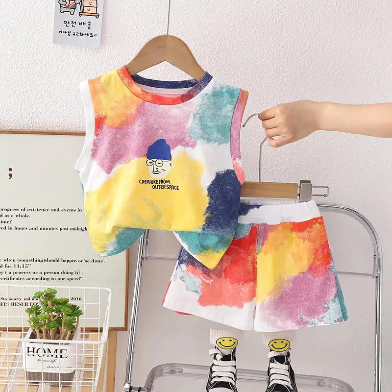 Summer Children Kid Boys Girls Cotton Clothes Full Printe Colorful Vest Shorts Toddler Clothing Baby Tracksuit Infant Casual Set