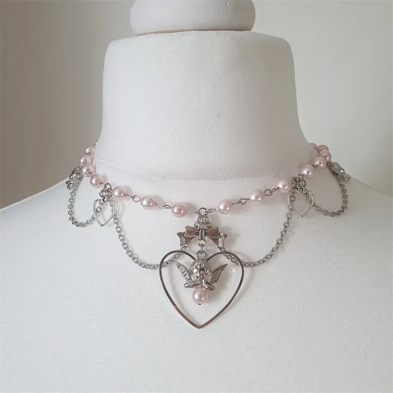 Handmade Dainty Angelic Pink Pearl Beaded Chokers Featuring Hearts And Cherub Charms Y2K Indie Jewelry Pixie Fairy core Necklace