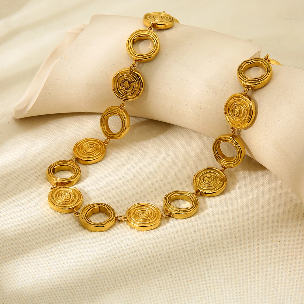 Vintage Edelstahl PVD 18K vergoldet Swirl Circle Chain Statement Choker Halskette Armband für Frauen Wasserdichter Schmuck – Detail 7