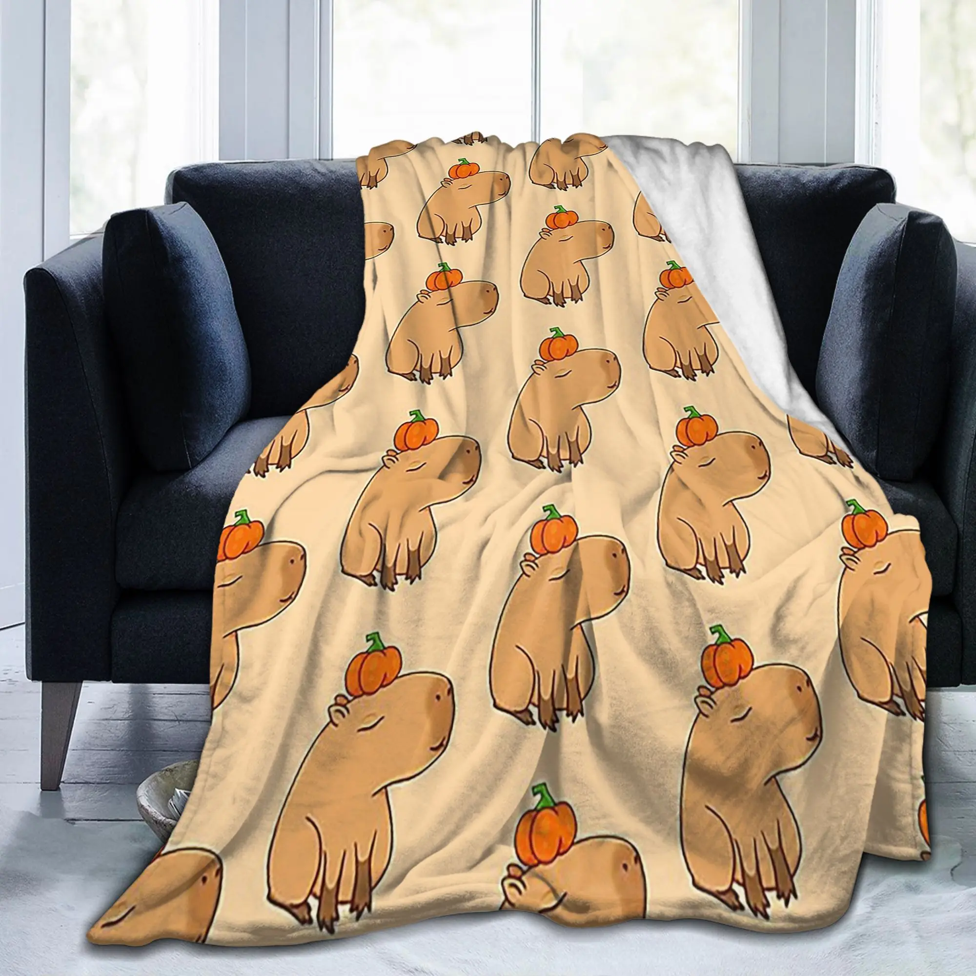 

Capybara Pumpkin Flannel Blankets Animal Lover Funny Throw Blanket for Home Hotel Sofa 200x150cm Bedspreads
