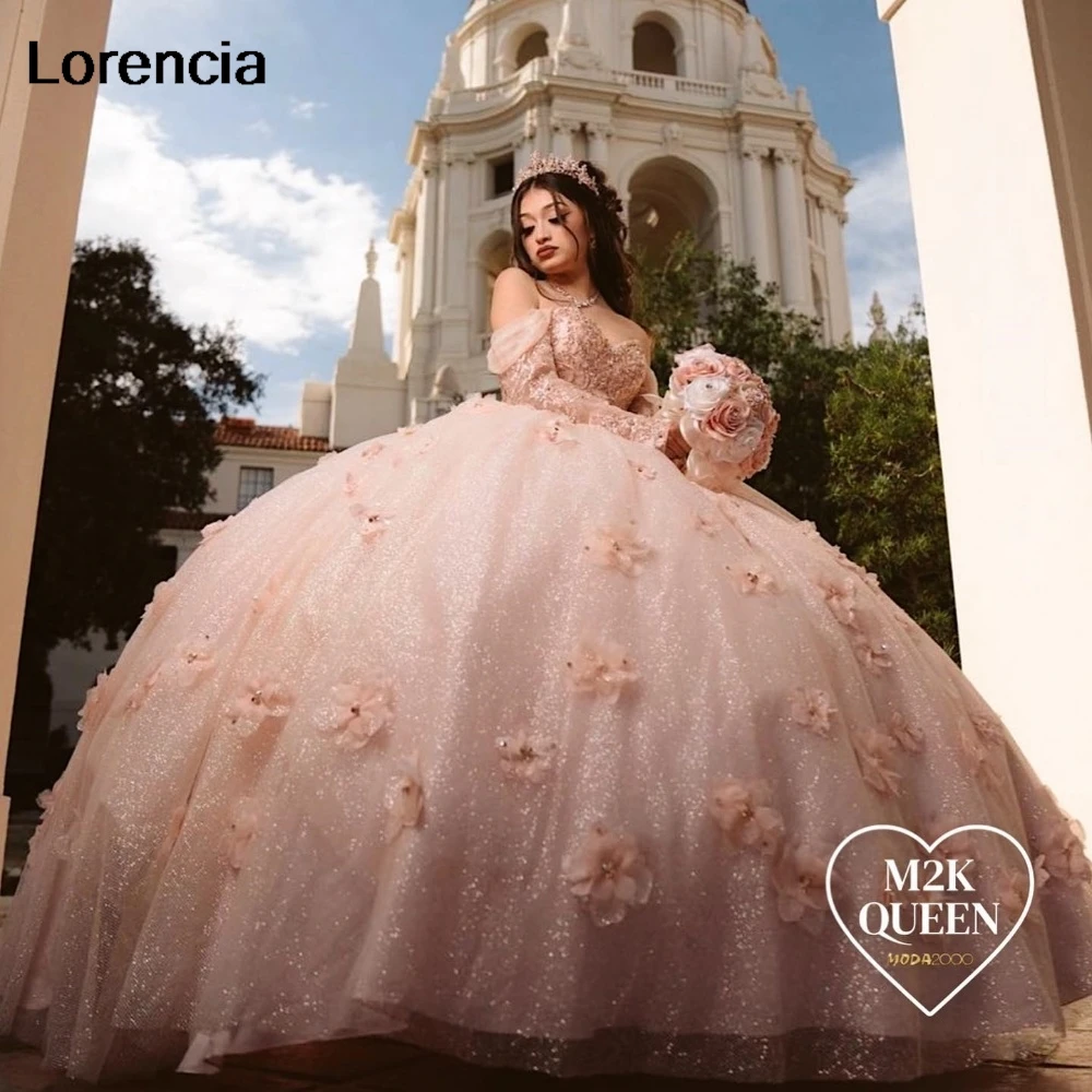 Disesuaikan Lengan Panjang Blush Quinceanera gaun gaun gaun bola 3D bunga Applique manik-manik korset manis 16 Vestidos De 15 aduduk YQD962