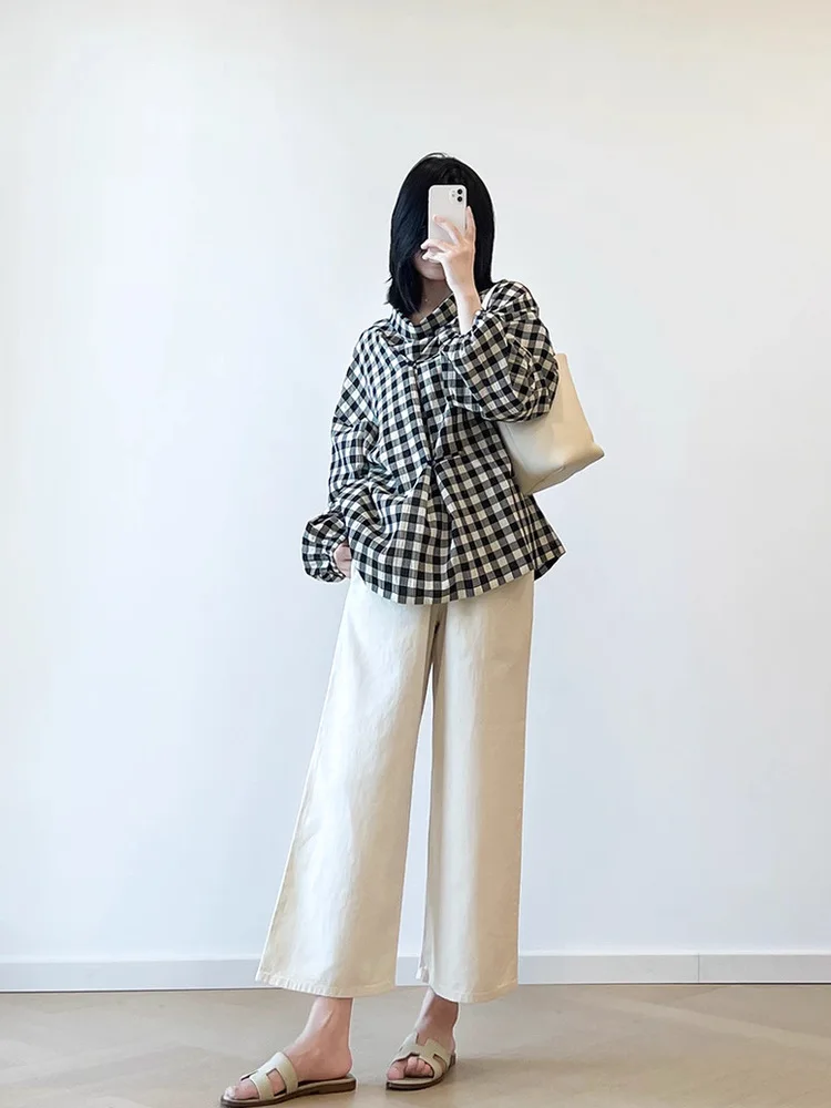 Rétro confortable coton Plaid haut ample femmes irt décontracté polyvalent respirant respectueux de la peau Cleanfit été mince Long Sl...