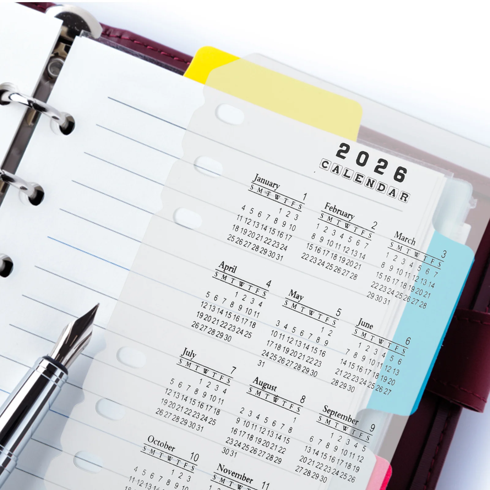 Divisores de calendario esmerilados 2026, plástico A6, inserciones recargables de 6 agujeros, cuaderno planificador, suministros de oficina, recargas de calendario, fecha, 4 Uds.