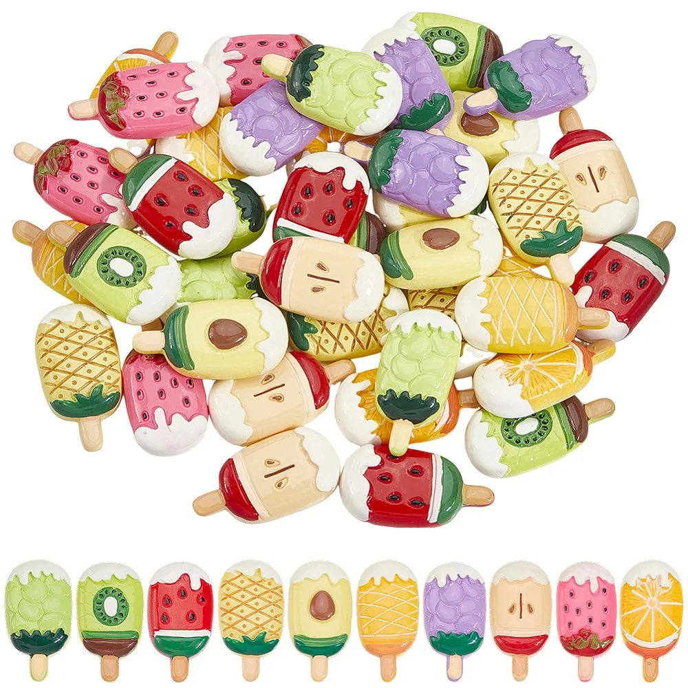 40Pcs 10 Colors Resin Cabochons Imitation Food Ice Sucker Mixed Color 31.5~32x16x7mm 4pcs/color