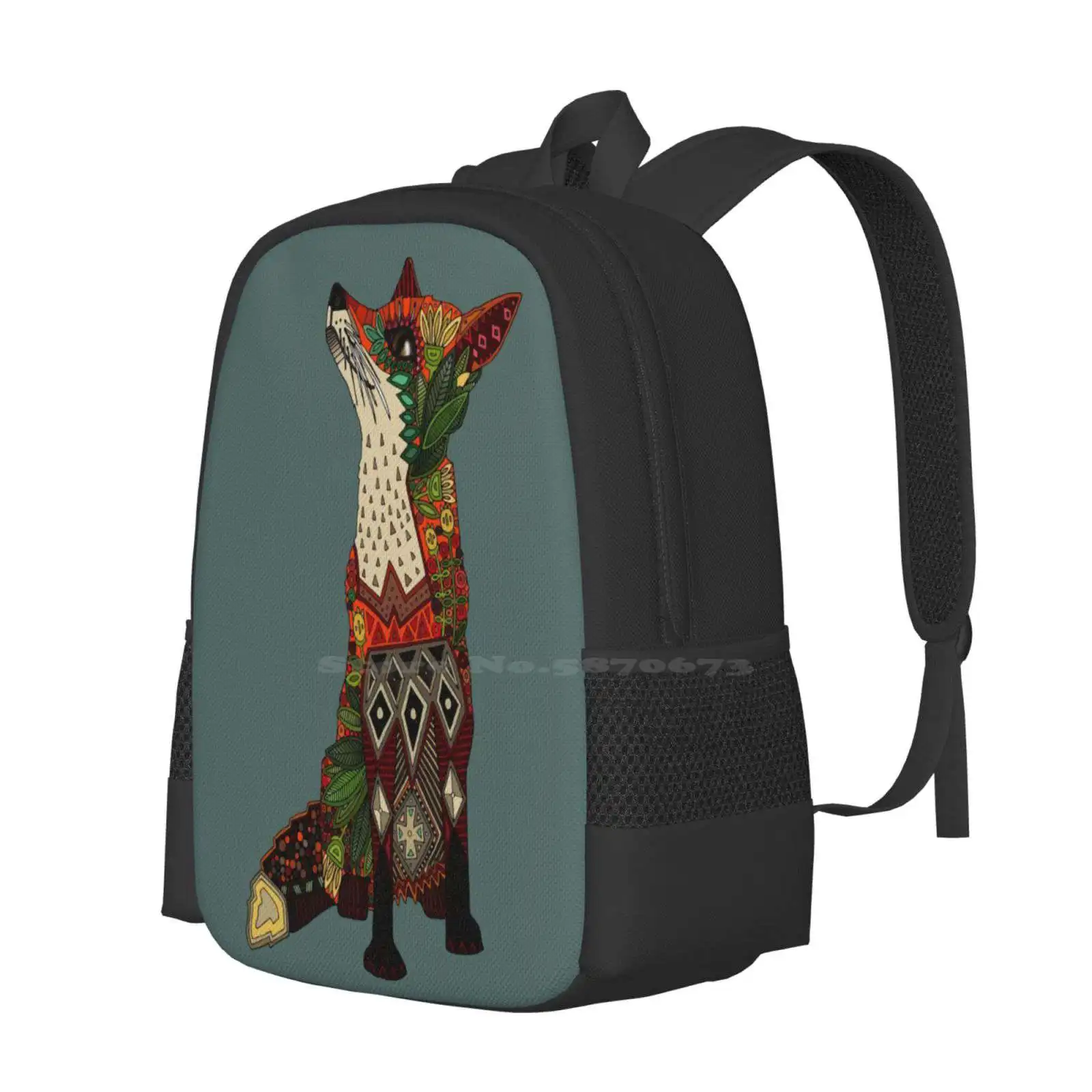 Fox Love 3D Print Design Backpack Student Bag Fox Nature Botanical Flowers Floral Leaves Leaf Geometric Grey Scrummy Sharon