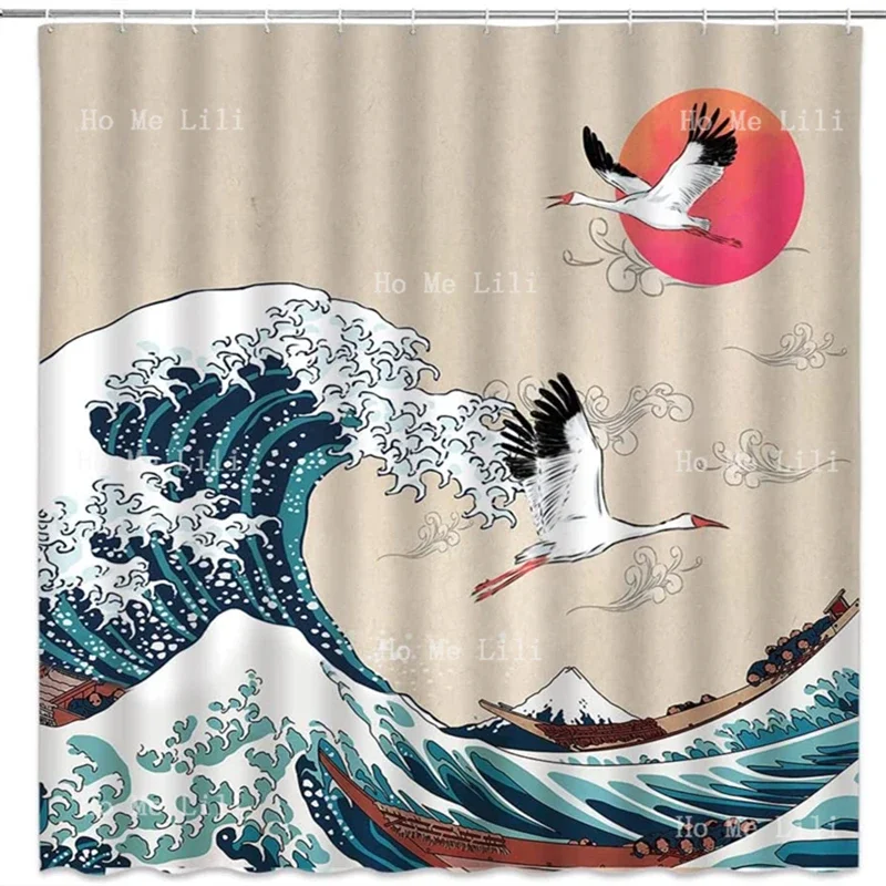 Great Wave Japanese Kanagawa Ocean Boat Mount Fuji Plum Blossom Floral With Crane Red Sun Asian Art Painting Shower Curtain