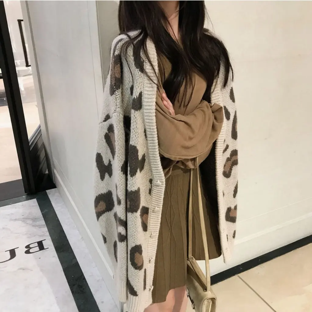 

Pink V-neck Leopard Print Sweater for Women Korean Style Loose Slimming Cardigan Autumn Winter Outer Wear Wool Knitted Jacket