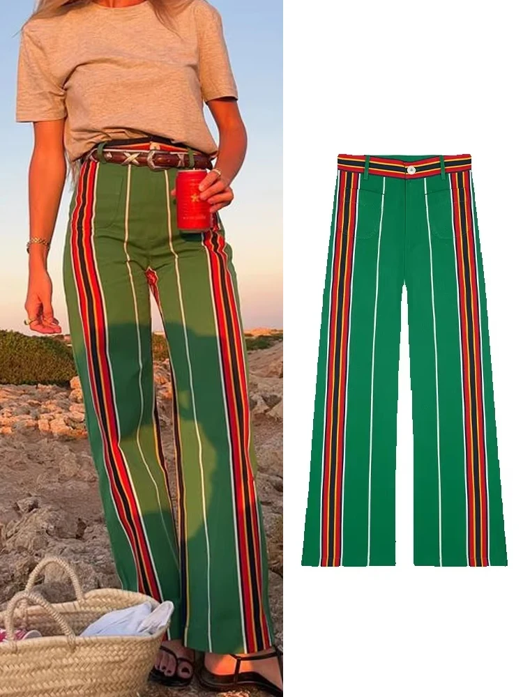 Fashion Dopamine Striped Long Pants For Women High Waist Pockets Straight Wide Leg Trouser Female Contrast Chic Street Pants