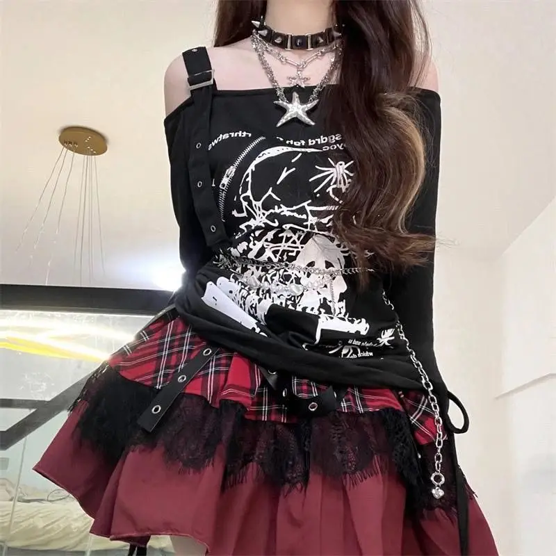 

Ruibbit New Arrival Gothic Punk Y2k Drawstring Printed T-shirt for Women Slim Long Sleeve Top