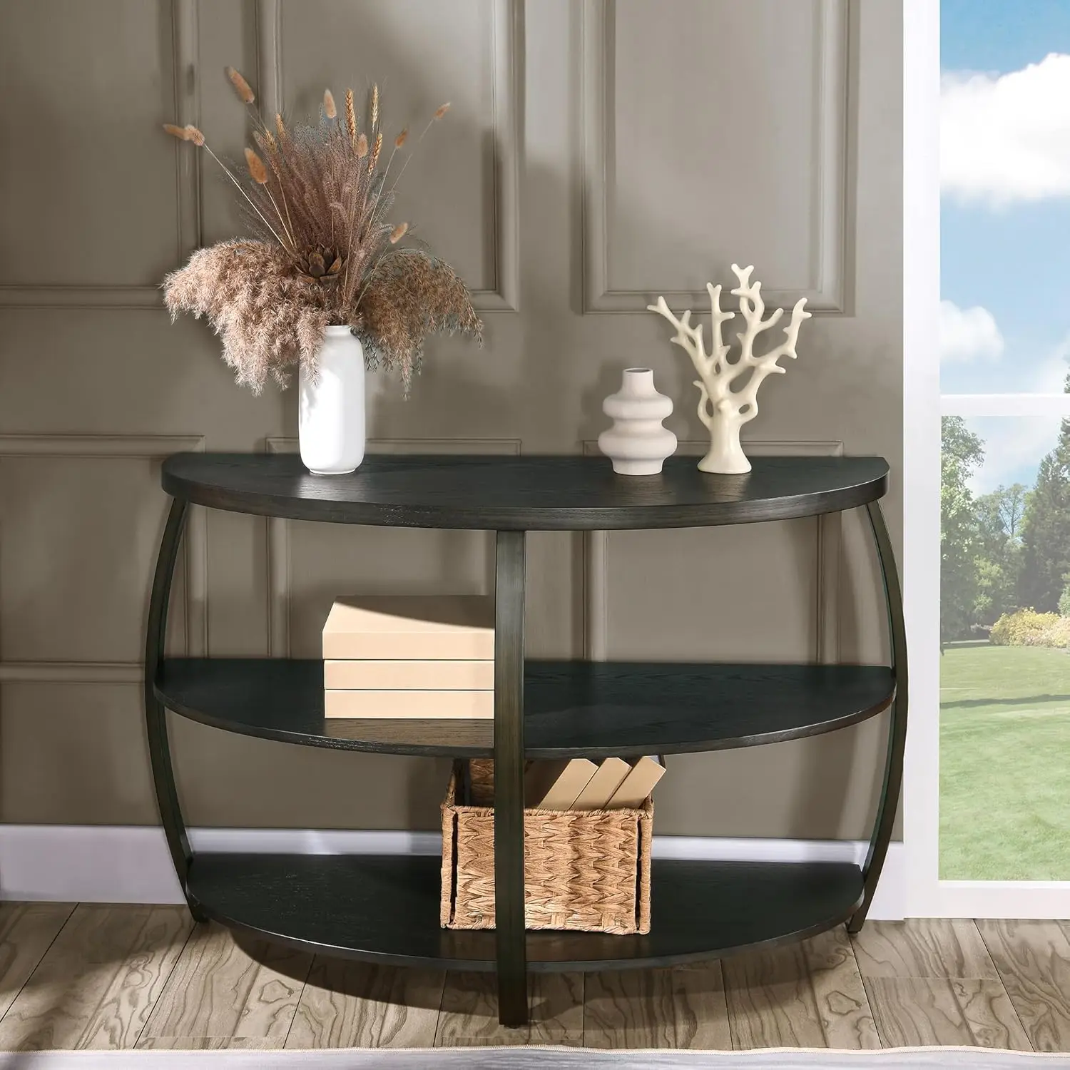 Drum Entryway Table Console Table For Living Room, Mid Century Living Room Sofa Table Half-Moon Hallway Table With Storage,