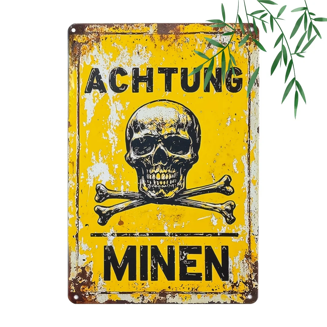 Retro Skull Achtung Minen Warning Metal Sign Dual Language Wall Art Rustic Home Bar Decor