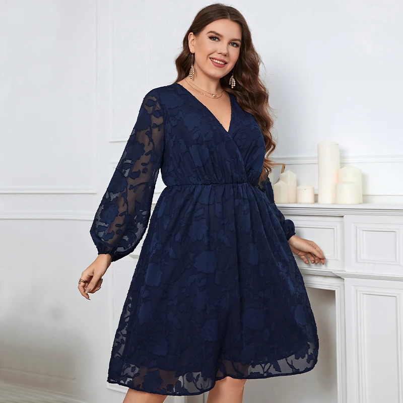 Della Mel Plus Size Elegant Women\'s Dresses for Party 2022 Sexy Lace See-Through Long Sleeve Blue V-neck Casual Large Size Dress