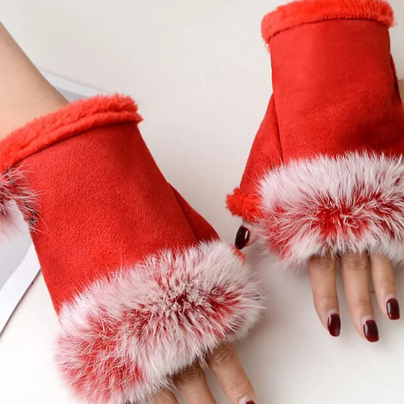 Fashion Warmth Half-Finger Gloves Women Winter Gloves Sexy Faux Rabbit Fur Hand Wrist Warmer Fingerless Gloves Mitten For Ladies