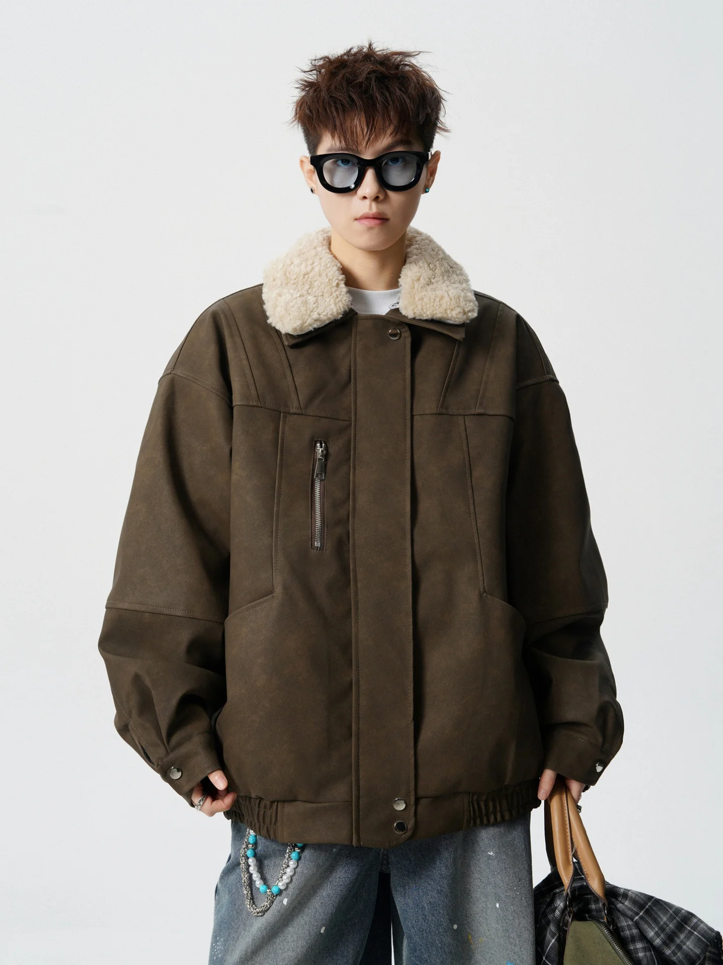 

Мужская хлопковая куртка из искусственной кожи Thiened с меховым воротником, зимняя винтажная верхняя одежда для пар, молодежная деконструированная Pat...