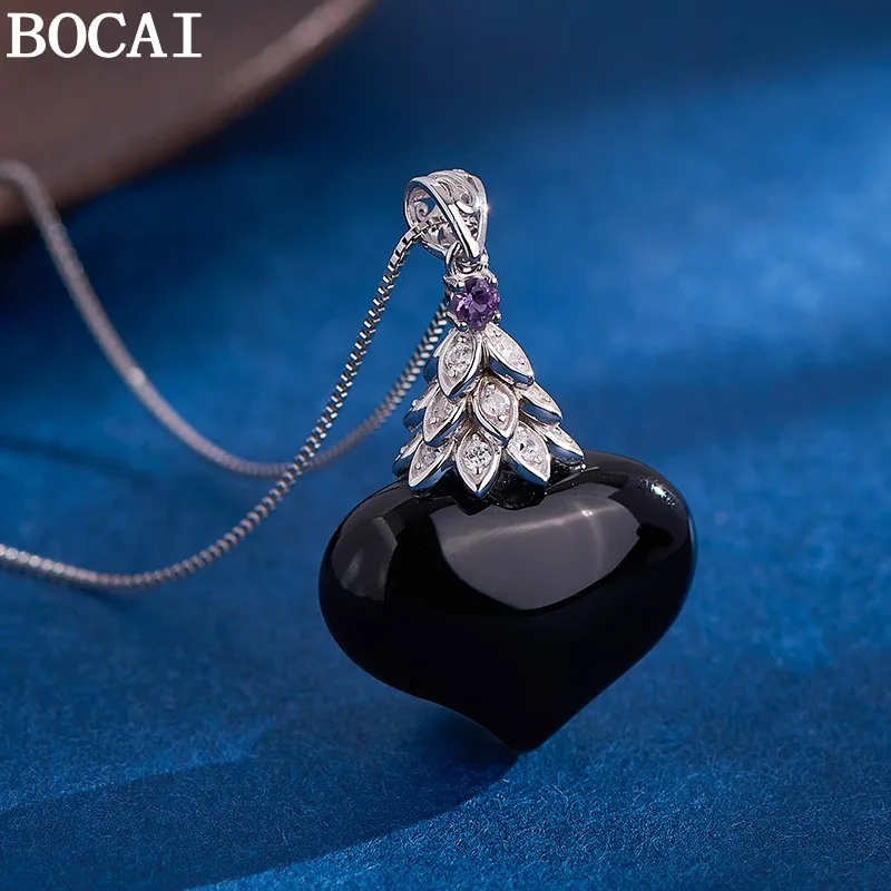 

BOCAI New S925 Sterling Silver Simple And Personalized Black Agate Heart-shaped Pendant Women's Selected Gift