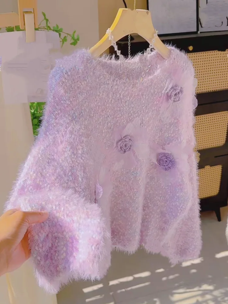 ソフトパープルセーター レディース 秋冬 花柄デザイン センセーション ミンク風ニットトップス スイートジェントル スレ ロングスリーブ...