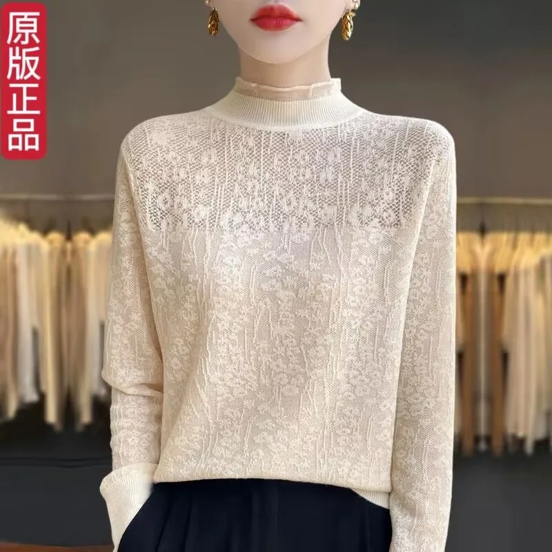 Women Mesh Splice Half Turtleneck Knit Top Floral Jacquard Long Sleeve Slim Casual Pullover Sweater