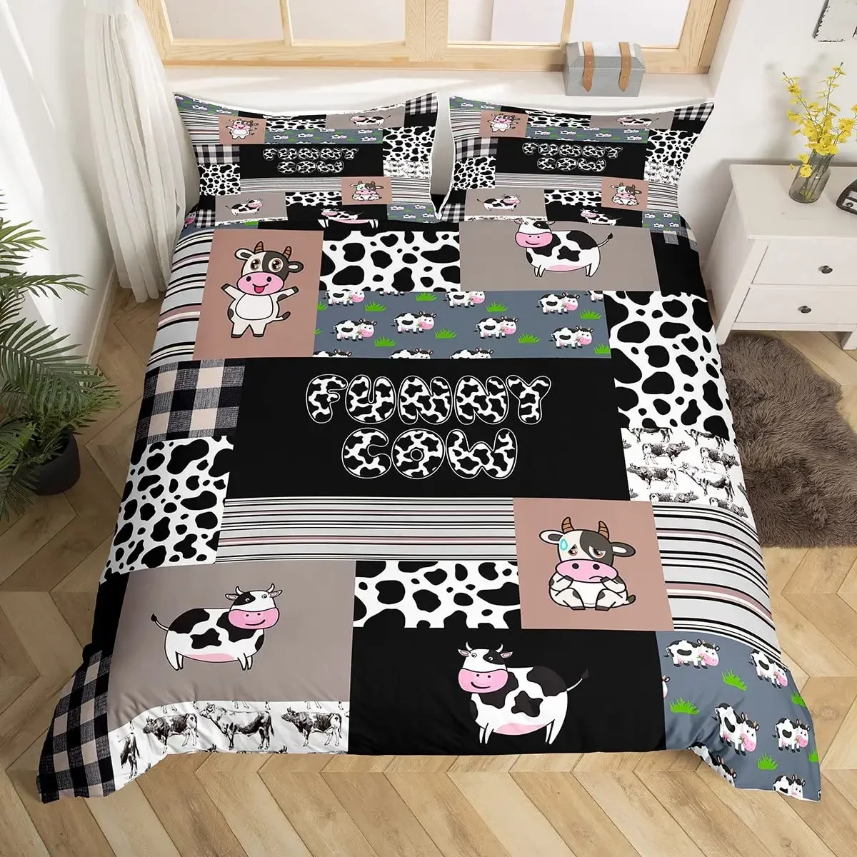 Cow Print Duvet Cover Set Animal Cow Doodle Cartoon Drawing Farming Husbandry Polyester Duvet Cover Set Double Queen King Size