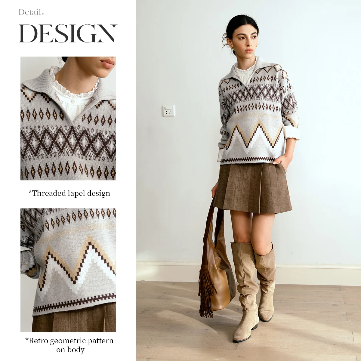OLrain Women's Knitted Sweaters 2025 Autumn Turn-down Collar Long Sleeve Sweater Pullover Vintage Loose Female Tops O57QM000659