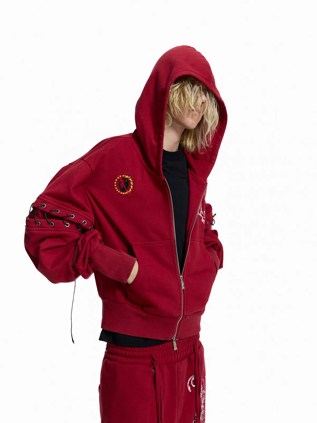 Punk Style Short Wax Rope Strap Sleeve Zipper Hoodie Subcultural Hooded Sweatshirt Cardigan Coat Men and Women