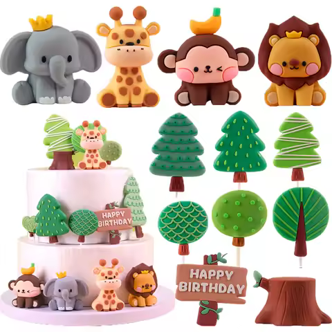 Jungle Safari Animal Cake Topper Giraffe Lion Monkey Elephant Cake Decoration for Kid Jungle Theme First Birthday Party Supplies