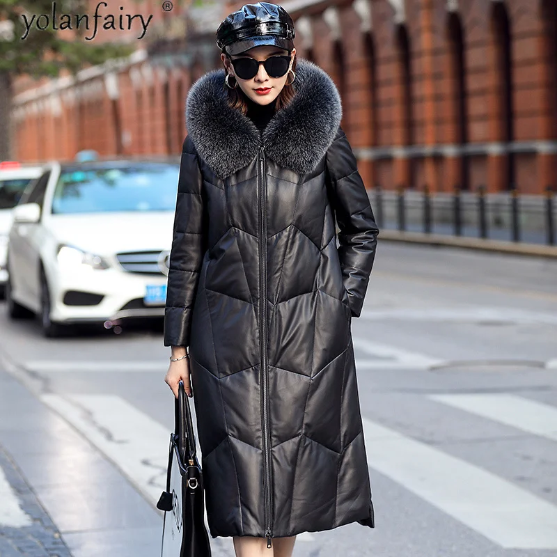 Veste d'hiver en cuir véritable pour femme, manteau Long en duvet de canard blanc, parka à capuche avec col en fourrure de renard