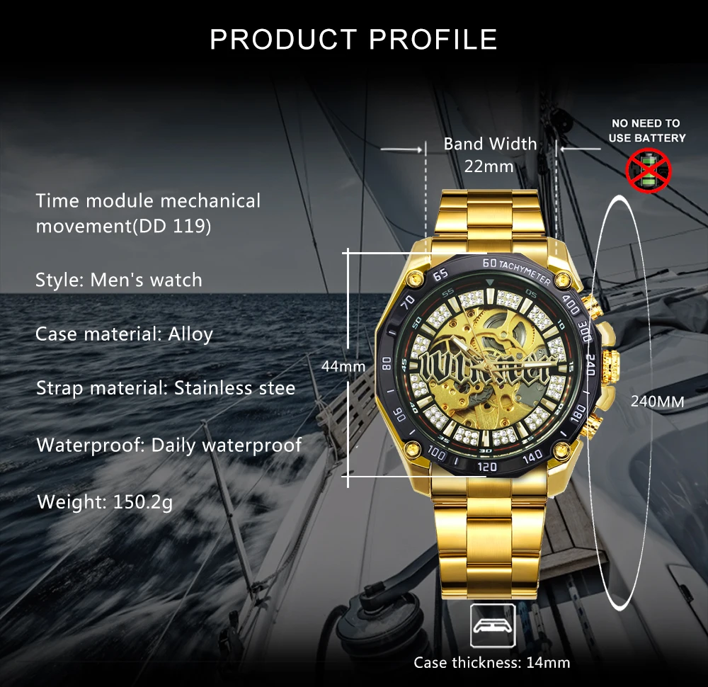 WINNER Military Gold Automatic Watch for Men Luxury Brand Iced Out Skeleton Mechanical Watches Luminous Hands Stainless Steel