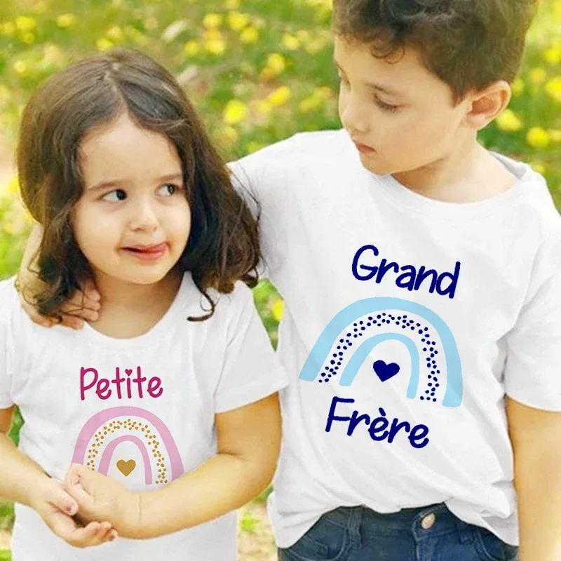 Summer Fashion Rainbow Big Brother Little Sister Matching T-Shirts Short Sleeve Kids Tops Girls Clothes Children Outfits