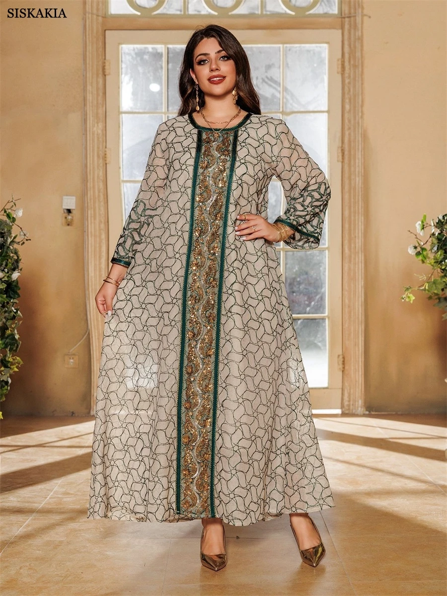 

Siskakia Ramadan Dubai Mesh Embroidery Maxi Dress O-Neck Sequins Patchwork Abaya Muslim Elegant Women Evening Dress