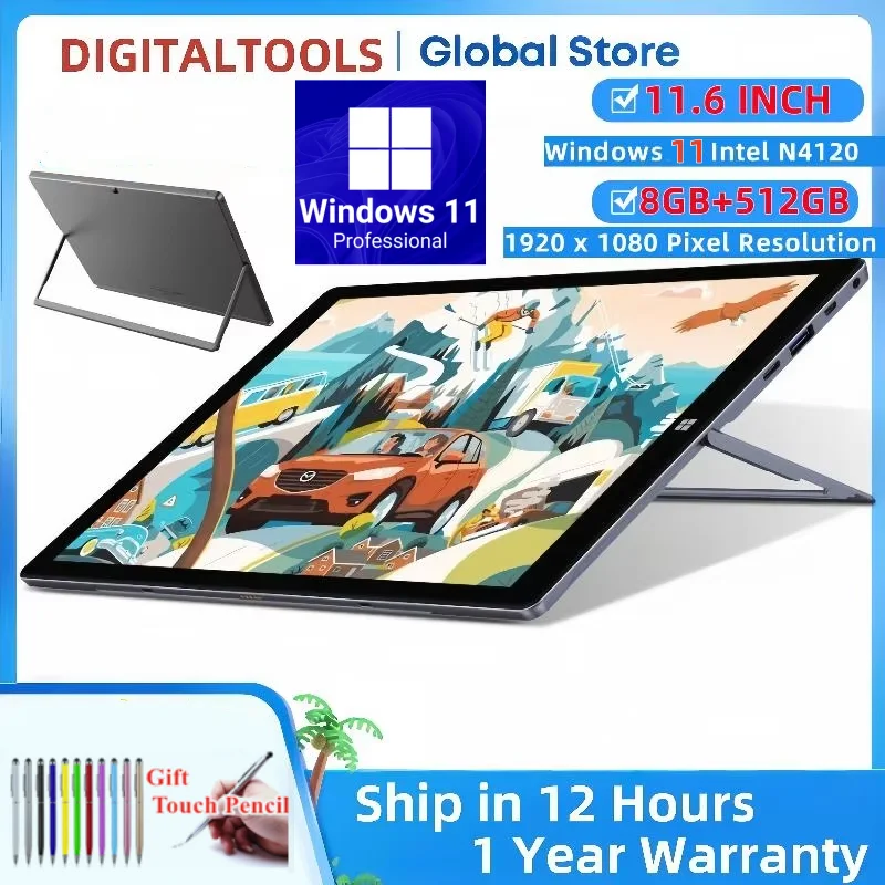 

Hot Sales 11.6" Windows 11 Tablet 8GB RAM 512GB ROM Intel Celeron N4120 1920 x 1080 Pixel Screen 2 x USB 3.0
