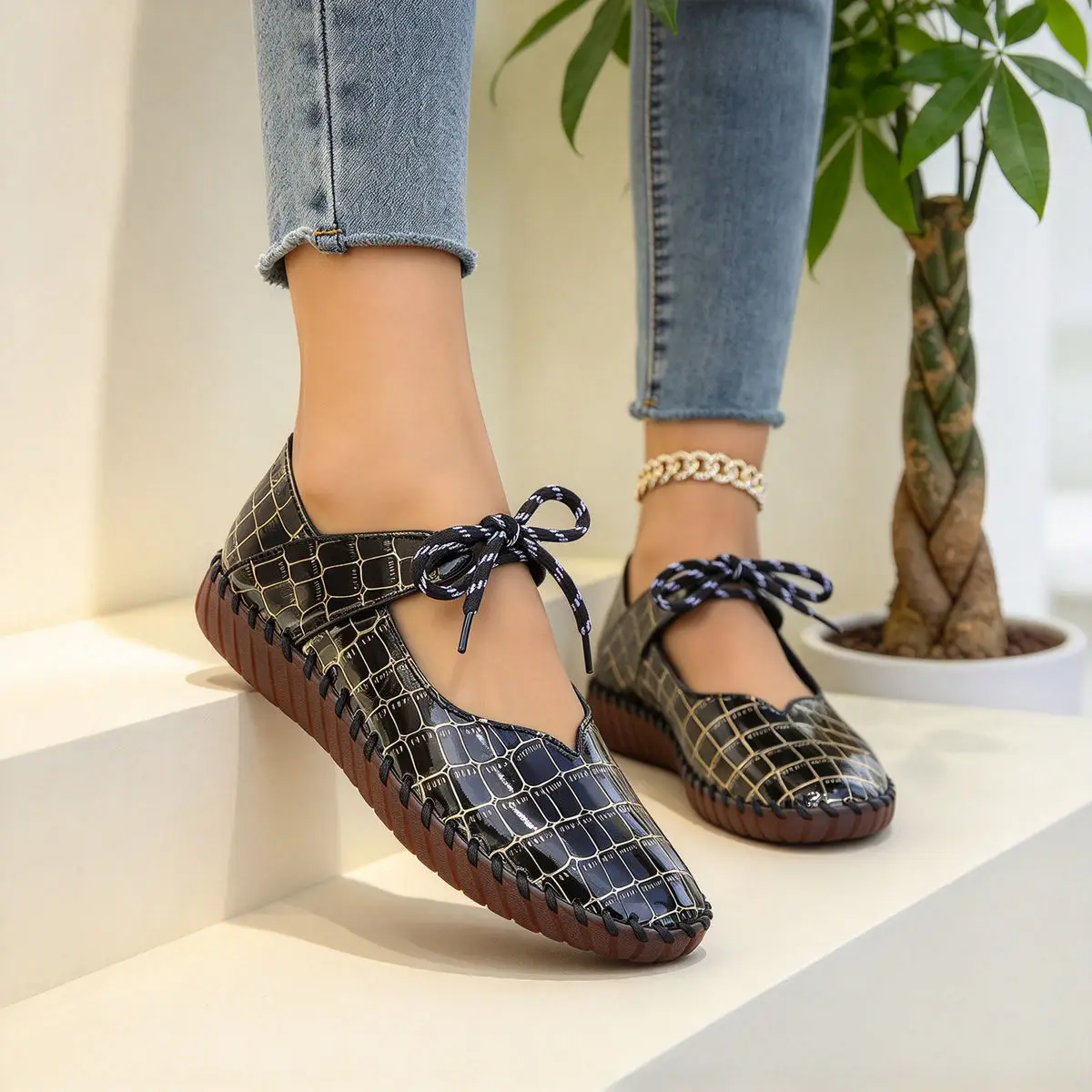 *Retro Stone Pattern Shallow Mouth Casual Women's Shoes New Comfortable Soft Bottom Strap Lightweight Walking Flat Shoes