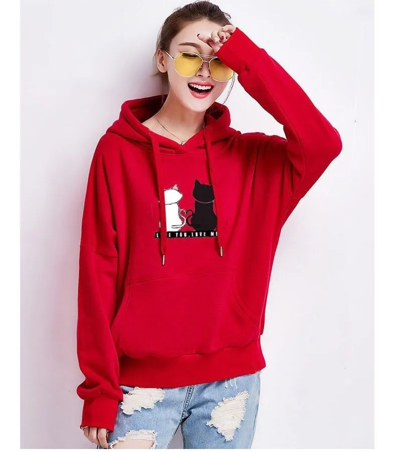 Sweatshirt Hoodie wanita, atasan Sweatshirt berkerudung longgar mewah, Pullover kasual gambar kucing Harajuku modis musim gugur/musim dingin