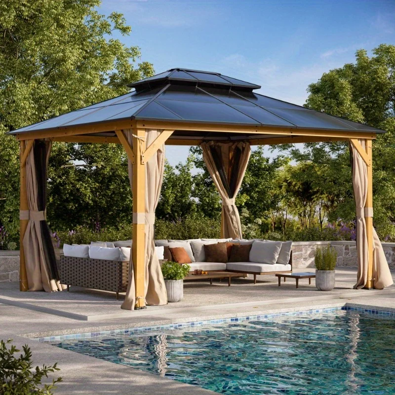 

13' x 15' Hardtop Gazebo,Outdoor Wood Frame Gazebo with Polycarbonate Double Roof, Includes Netting and Curtains for Patios