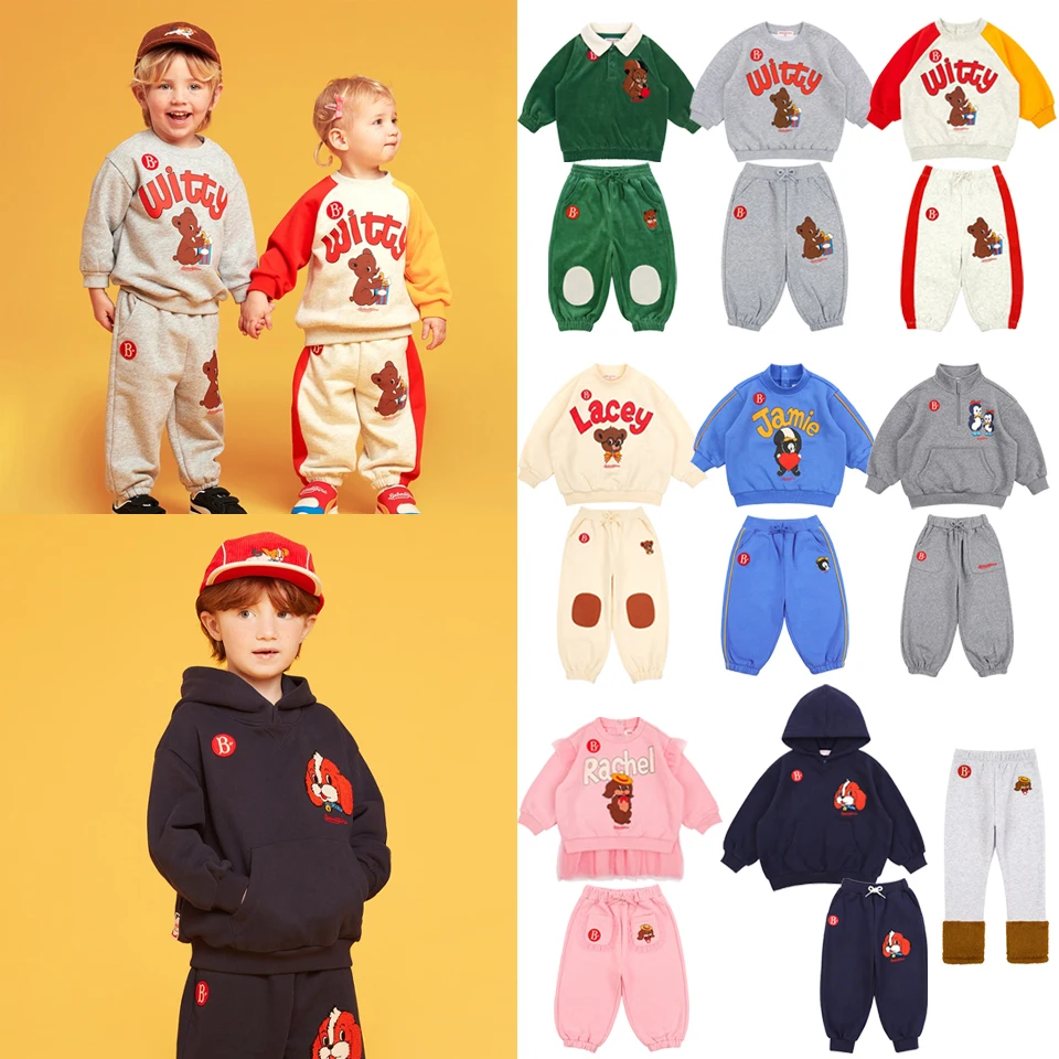 New Winter Korean Children Clothes Set Boys Plus Fleece Sweatshirt Trousers Bebe 베베 Kids Cartoon Hoodies Pants 아동복 세트 Girls Tops