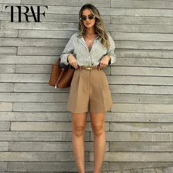 TRAF Women's Blouse Spring Summer 2024 Striped Poplin Shirt Lapel Collar Long Sleeves Top Women's Basic Blouse Streetwear Shirt