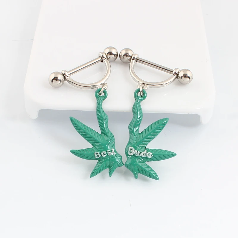 A pair Nipple ring Maple leaf Dangle Body piercing Stainless steel barbell 14G Rod Punk Nickel free Fashion jewelry
