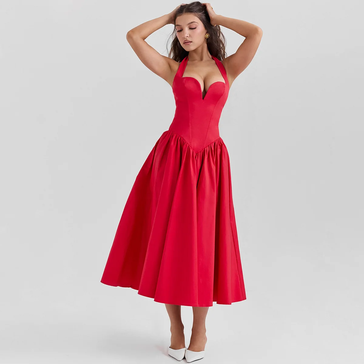 Oligai Summer Women Halter Dress 2024 Red Elegant Fit and Flare Birthday Dress Long Casual Sexy Dress Female Clothing