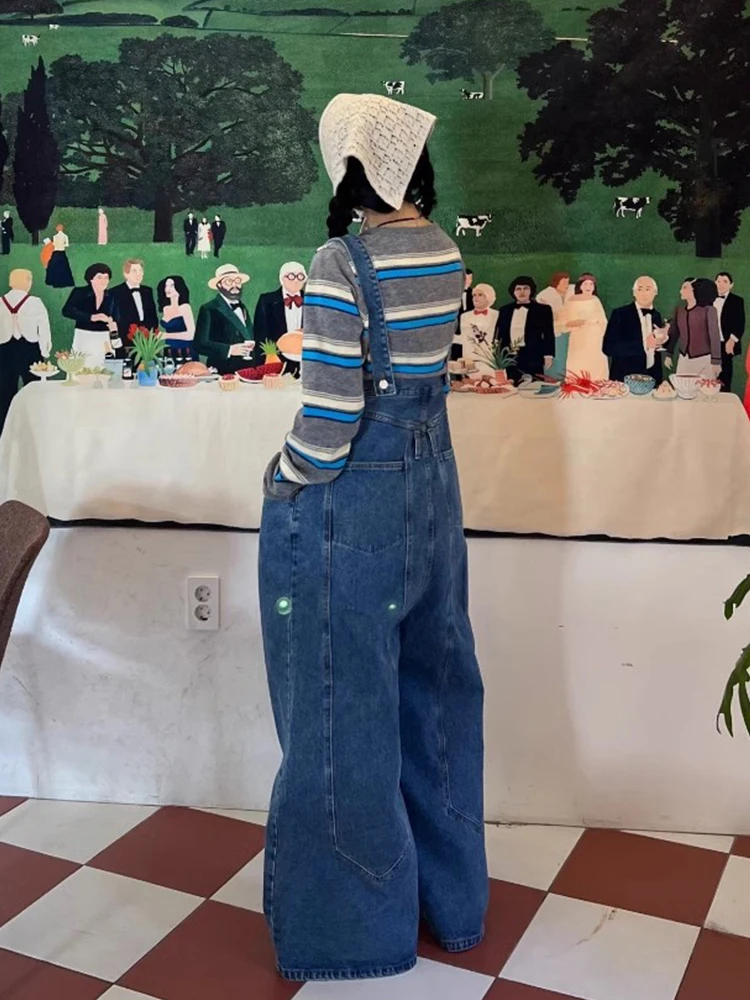 Retro Waed Blue Denim Overalls Damen Frühjahr New Sle Age-Defng Button-Up Trägerhose Hohe Taille Jeans mit weitem Bein