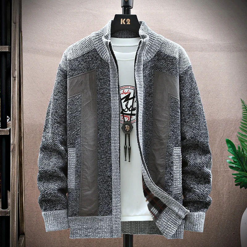 Cardigan Coat Breathable Thicken Warm Knittde Sweater Men Winter Casual Breathable Splicing Stand Collar Sweaters Jacket WJ533