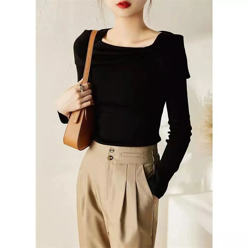 Korean Elegant Chic Bow Square Collar Sweet Slim Basic Knitwear Women Spring Autumn Casual Solid Long Sleeve Top Female Clothing