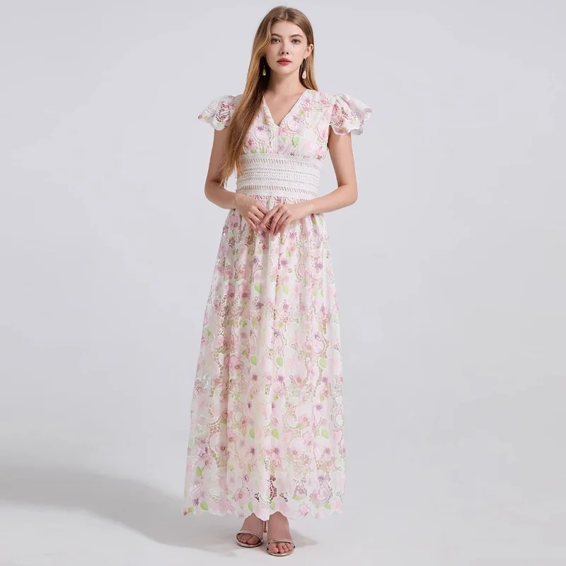 

Luxury Floral Print Embroidery Lace Evening Dresses Women V-Collar Summer Flare Short Sleeve Prom Party Long Maxi Dresses Robe