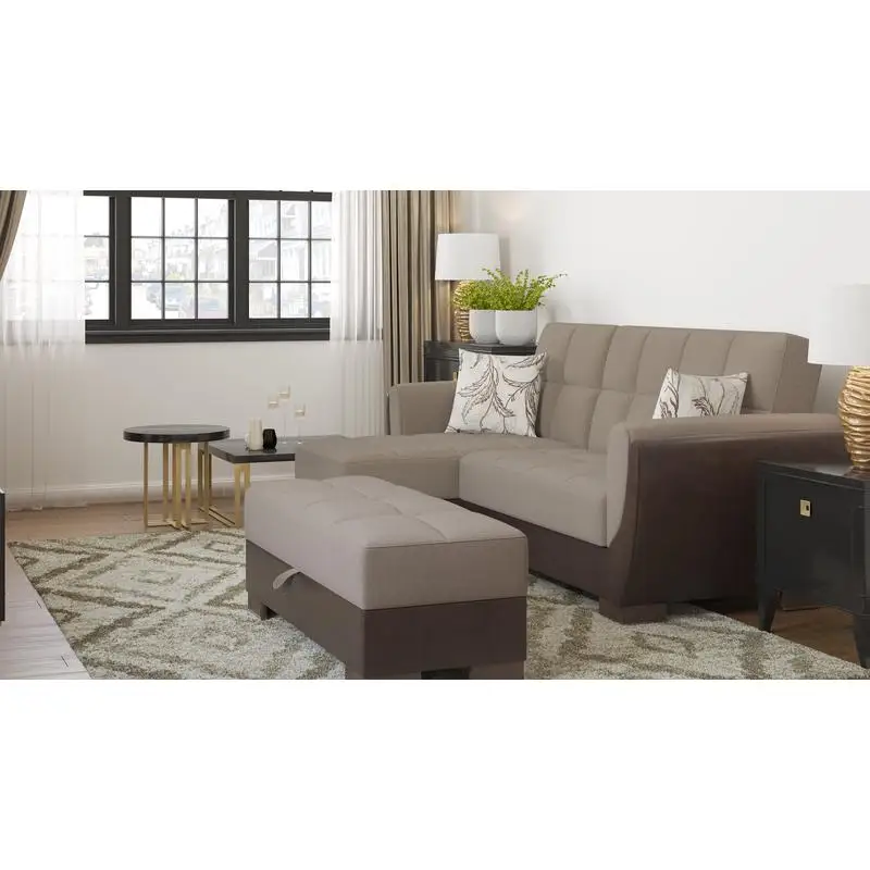 مسند تخزين منجد، بيج/بني من الشنيل PU، تصميم أنيق وعملي، مثالي لاستخدام غرفة المعيشة