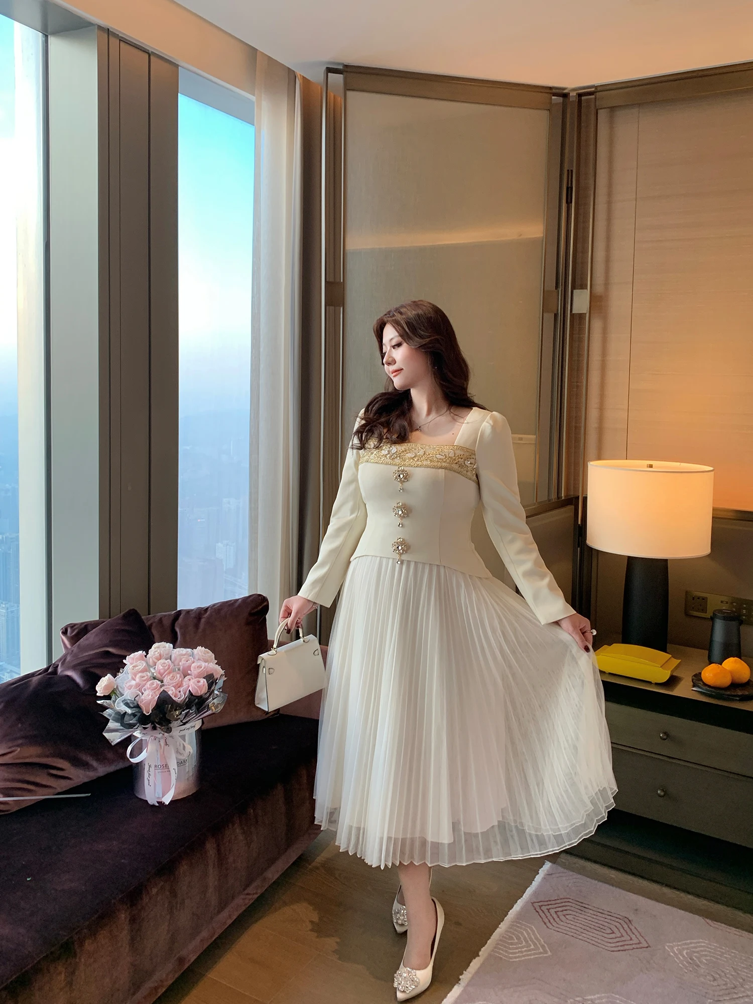 

GLEC плюс размер женское модное бальное платье с квадратным воротником Ele Lady Sle из двух частей с высокой талией и бриллиантами