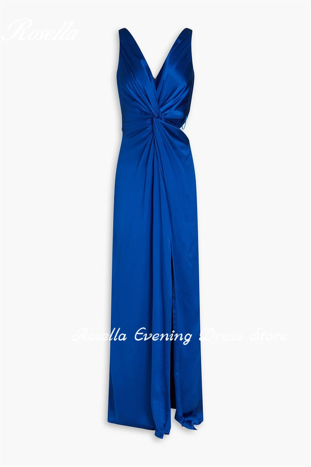 ROSELLA Blue Satin Deep V Neck Evening Dresses Ankle Length Mermaid with High Slit Formal Occasions Dress New 2024