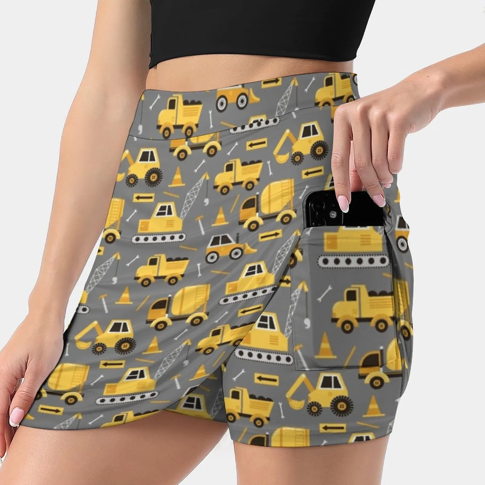 Construction Trucks On Gray New Women Skirts Double-Layer Printed Short Dress Mini Sport Skirt Construction Truck Trucks Crane