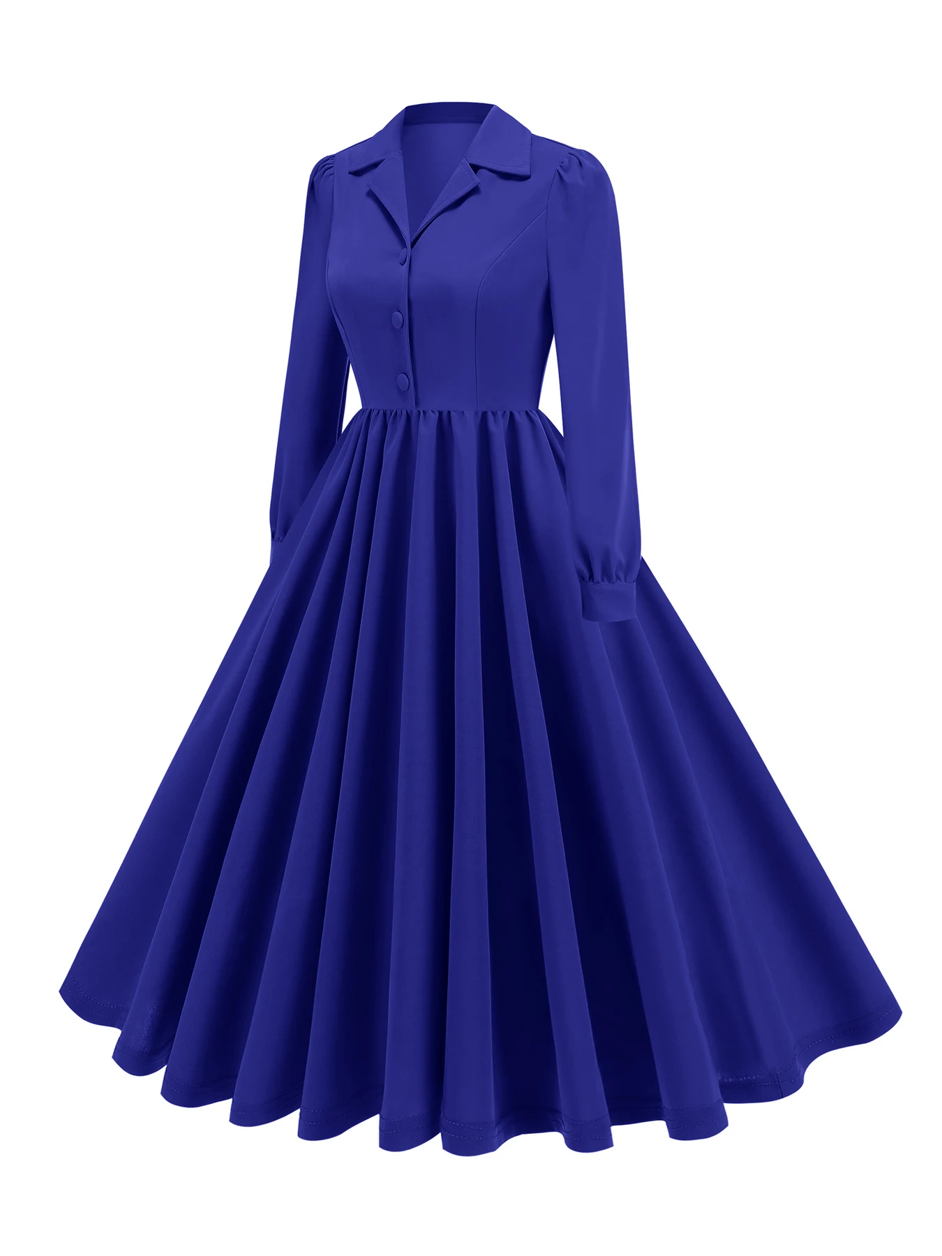 V Neck Retro Style Long-Sleeved Waist-Cinching Wide Buttons Elegant Women's 50S Dress