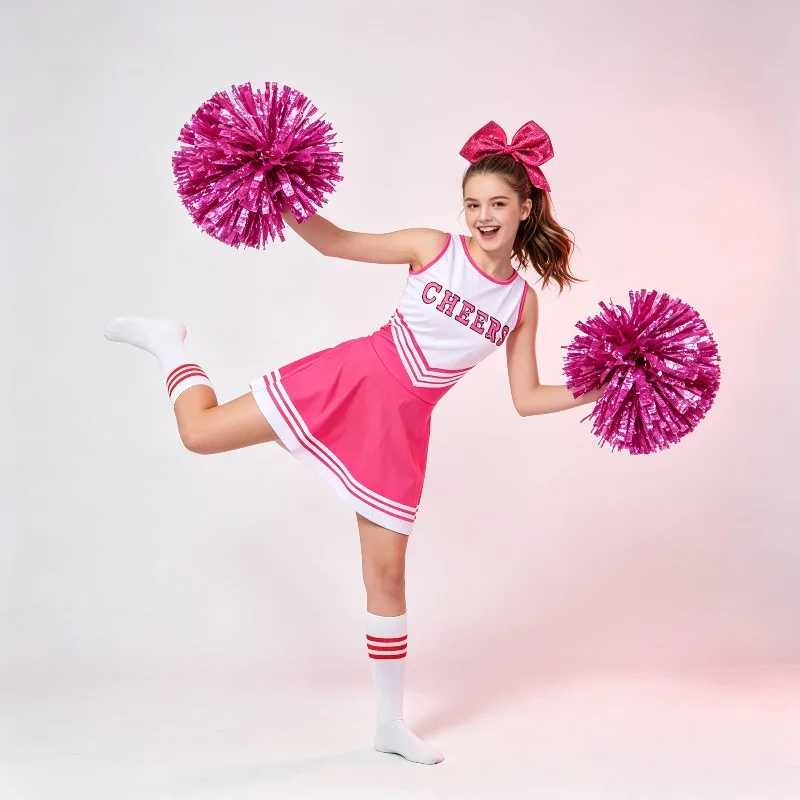 New Arrival Photo Booth Prop Student Cheerleader Dress Set Bow Tie Pom Poms Knee Socks for Dance Competition