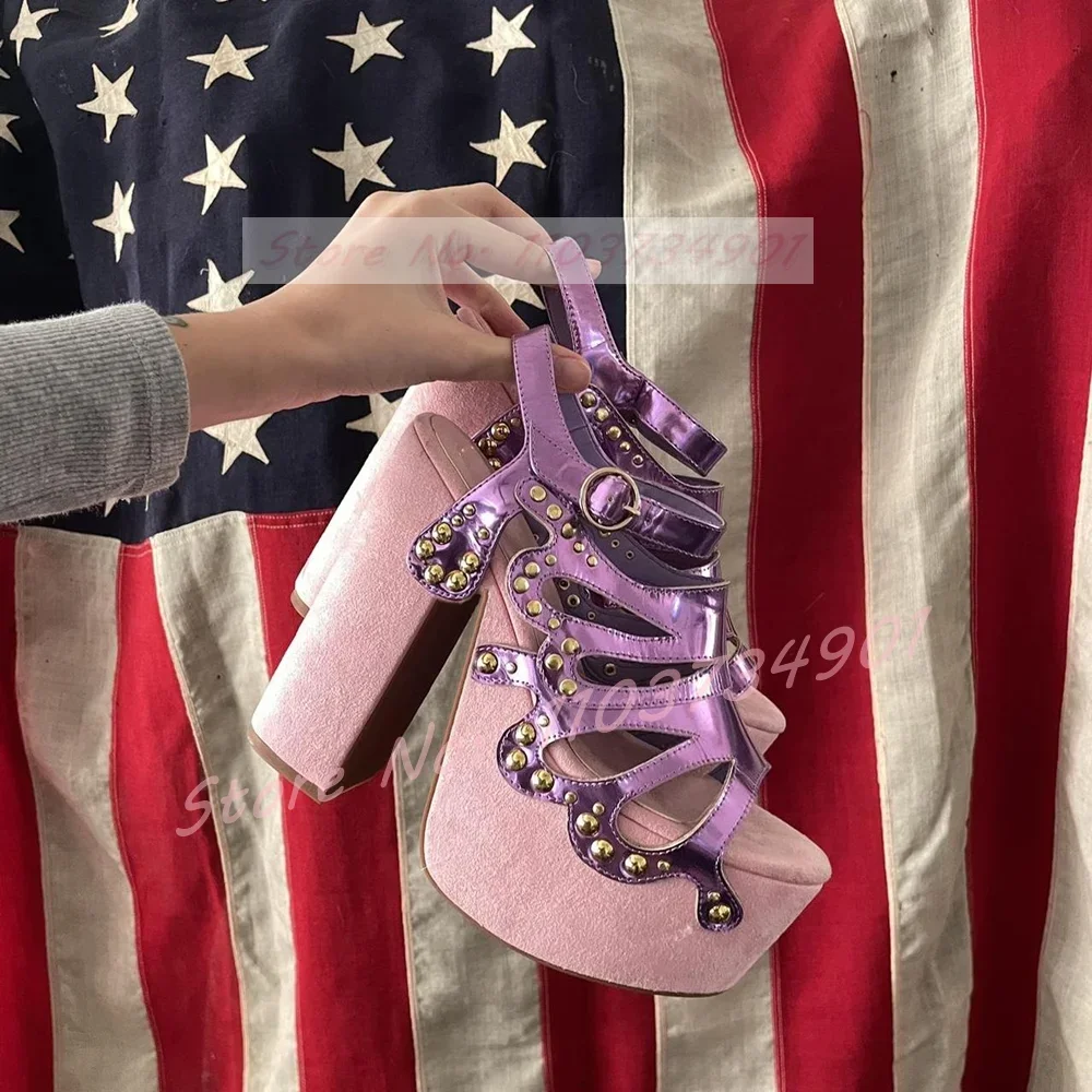 

Розовые и фиолетовые сандалии на платформе, женские вечерние замшевые туфли с заклепками и пряжкой, туфли на массивном высоком каблуке с круглым носком, женские элегантные милые сандалии