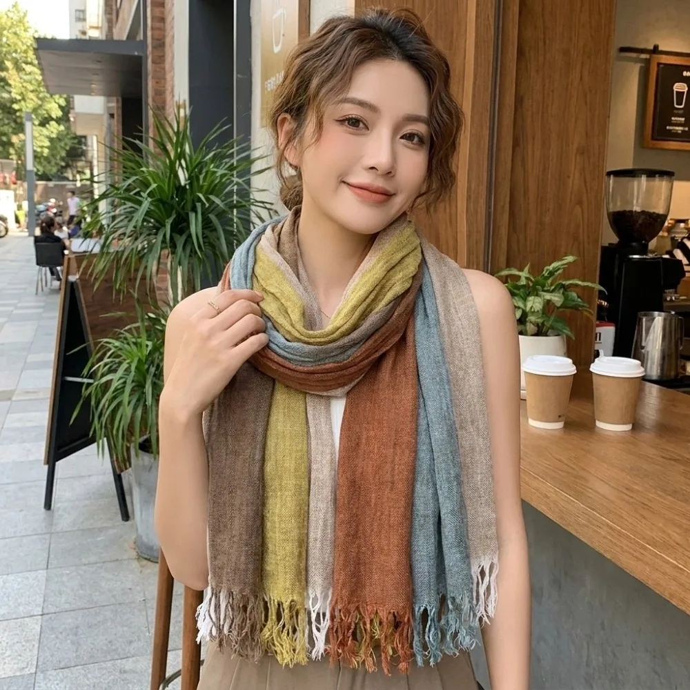Color Block Striped Cotton Linen Scarf Polyester Dual-Use Neck Wrap Large Size Soft Crinkled Fringe Neck Warmer Daily Wear
